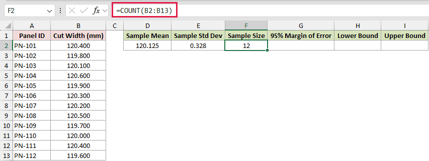 CONFIDENCE.T example 1: =COUNT(B2:B13)