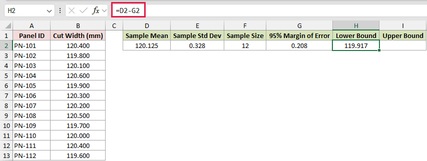 CONFIDENCE.T example 1: =D2-G2