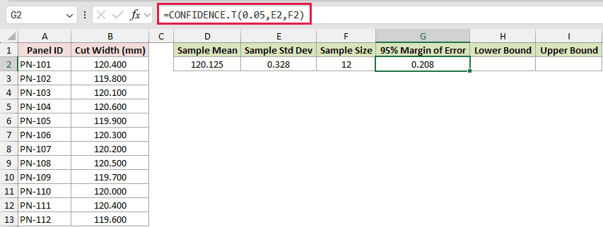 CONFIDENCE.T example 1: =CONFIDENCE.T(0.05,E2,F2)