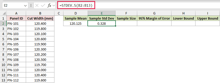 CONFIDENCE.T example 1: =STDEV.S(B2:B13)