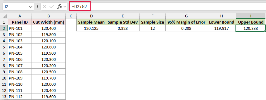 CONFIDENCE.T example 1: =D2+G2