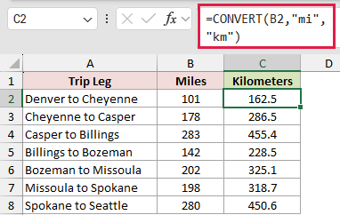 =CONVERT(B2,"mi","km") in C2