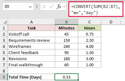 =CONVERT(SUM(B2:B7),"mn","day") in B9
