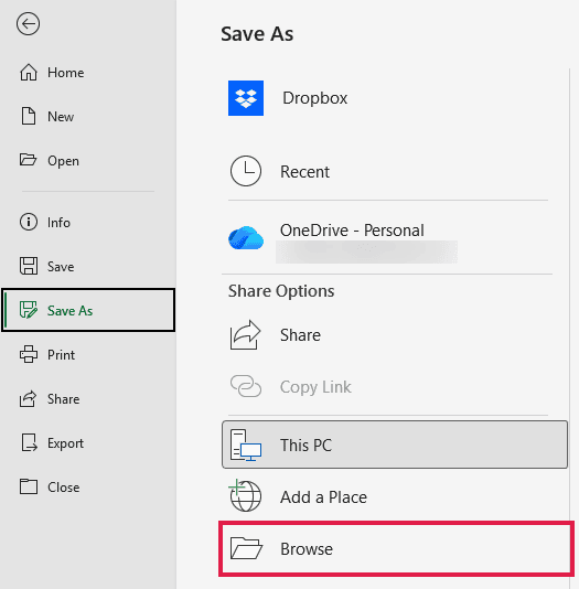 Excel Save As screen with the Browse option
