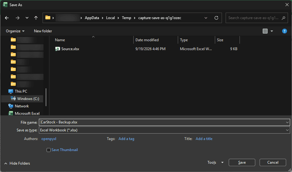 Save As dialog with a new name for the copied workbook