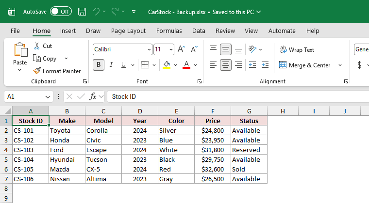 Excel switched to the newly saved CarStock backup copy