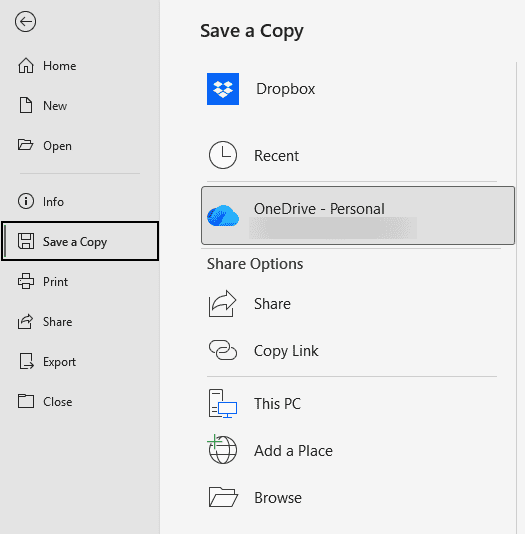 Save a Copy screen for a cloud-stored Excel workbook