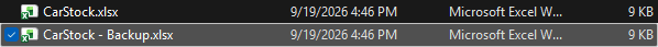 Copied workbook renamed to CarStock - Backup.xlsx