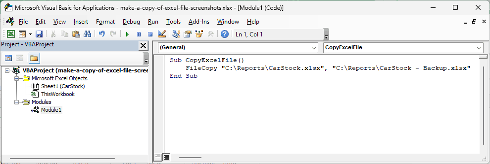 FileCopy macro in the Visual Basic Editor, ready to run with F5
