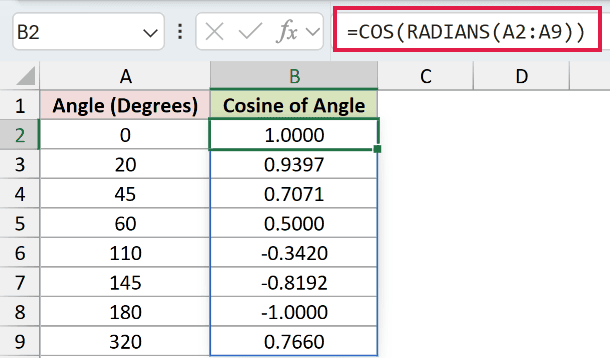 =COS(RADIANS(A2:A9)) in B2