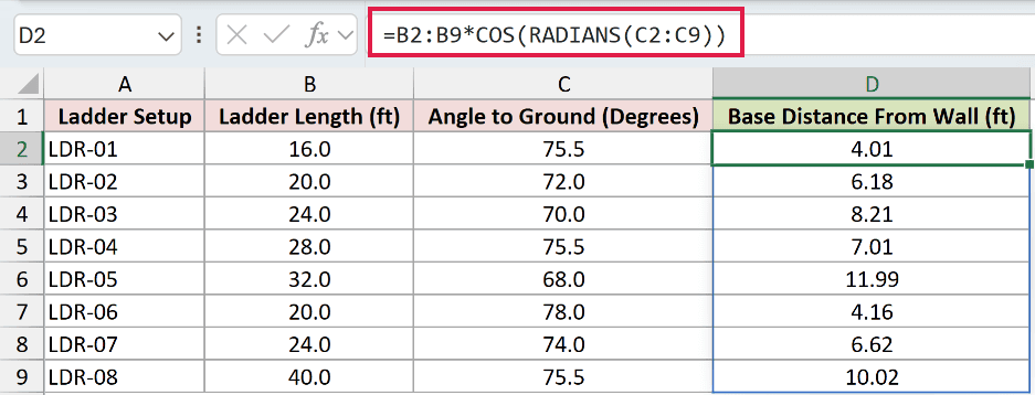 =B2:B9*COS(RADIANS(C2:C9)) in D2