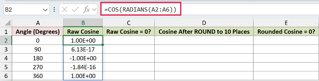 =COS(RADIANS(A2:A6)) in B2
