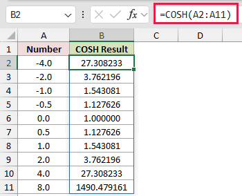 =COSH(A2:A11) in B2