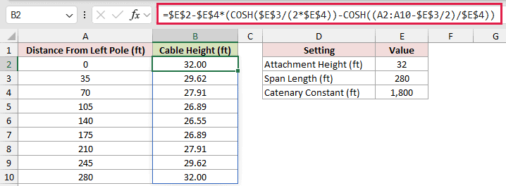 =$E$2-$E$4*(COSH($E$3/(2*$E$4))-COSH((A2:A10-$E$3/2)/$E$4)) in B2