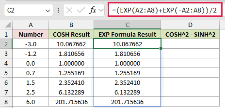 =(EXP(A2:A8)+EXP(-A2:A8))/2 in C2