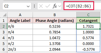 Use Angles Already in Radians: formula in C2 and its calculated results in Excel.