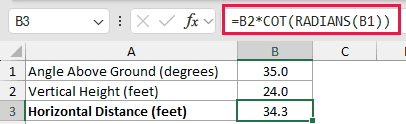 Find Horizontal Distance with COT: formula in B3 and its calculated results in Excel.