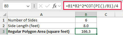 Calculate Regular Hexagon Area: formula in B3 and its calculated results in Excel.
