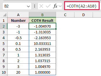 =COTH(A2:A10) in B2
