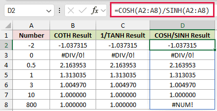 =COSH(A2:A8)/SINH(A2:A8) in D2