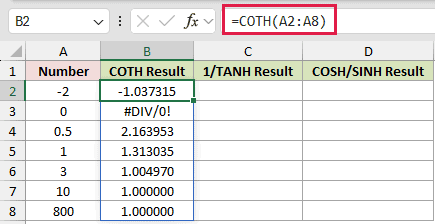 =COTH(A2:A8) in B2