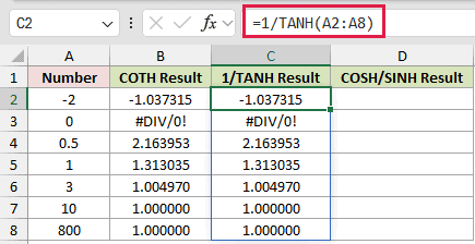 =1/TANH(A2:A8) in C2