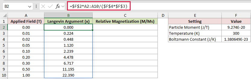 =$F$2*A2:A10/($F$4*$F$3) in B2