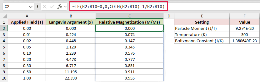 =IF(B2:B10=0,0,COTH(B2:B10)-1/B2:B10) in C2