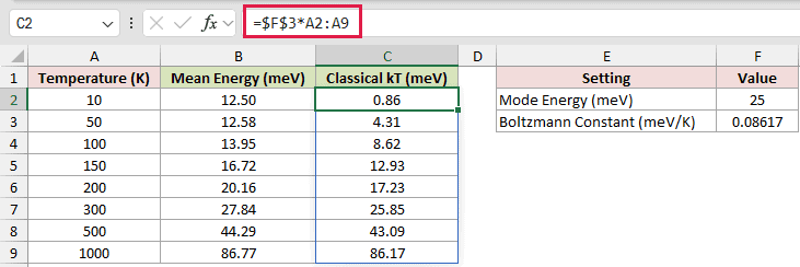 =$F$3*A2:A9 in C2