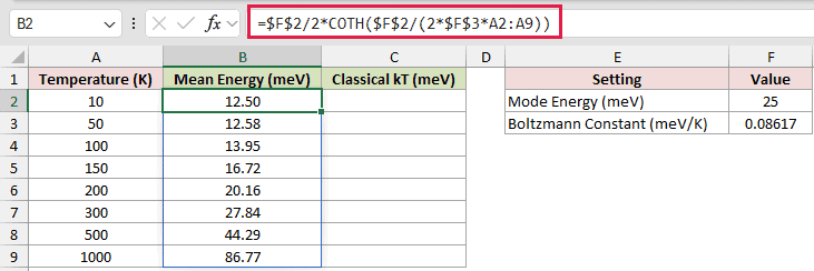 =$F$2/2*COTH($F$2/(2*$F$3*A2:A9)) in B2