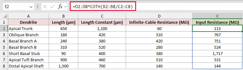 =D2:D8*COTH(B2:B8/C2:C8) in E2