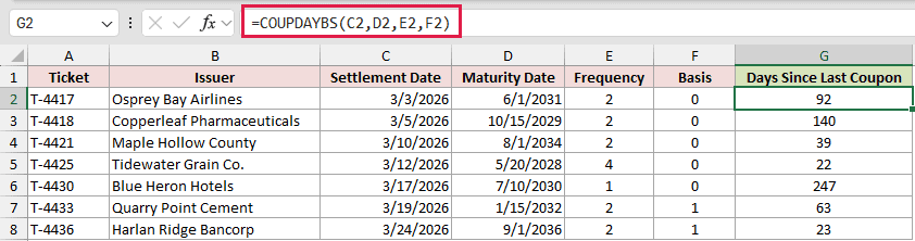 =COUPDAYBS(C2,D2,E2,F2) in G2