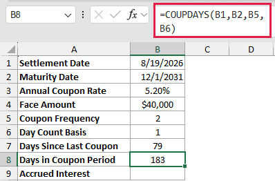 =COUPDAYS(B1,B2,B5,B6) in B8