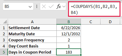 =COUPDAYS(B1,B2,B3,B4) in B5