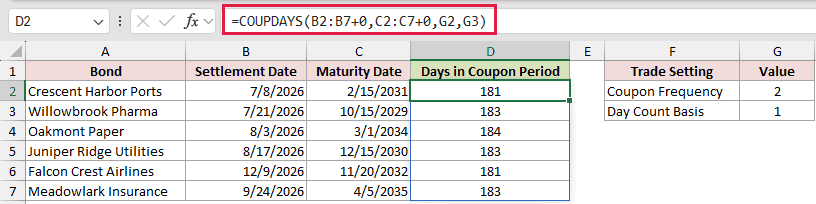 =COUPDAYS(B2:B7+0,C2:C7+0,G2,G3) in D2