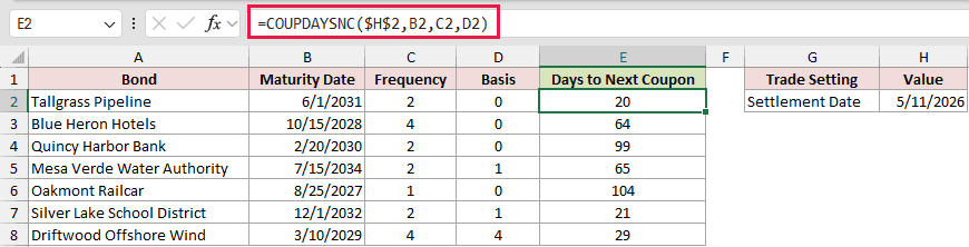 =COUPDAYSNC($H$2,B2,C2,D2) in E2