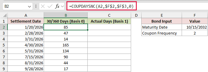 =COUPDAYSNC(A2,$F$2,$F$3,0) in B2