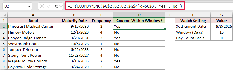 =IF(COUPDAYSNC($G$2,B2,C2,$G$4)<=$G$3,"Yes","No") in D2