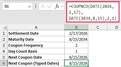 =COUPNCD(DATE(2026,2,17),DATE(2034,8,15),2,1) in B6