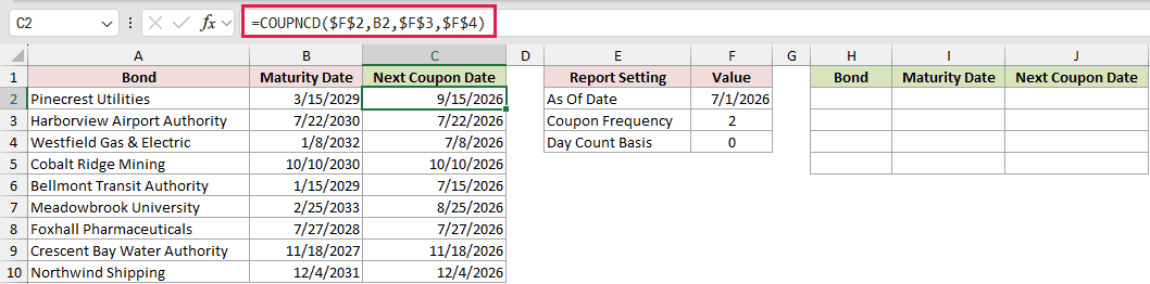 =COUPNCD($F$2,B2,$F$3,$F$4) in C2