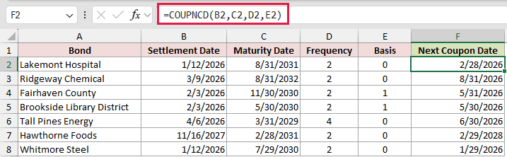 =COUPNCD(B2,C2,D2,E2) in F2