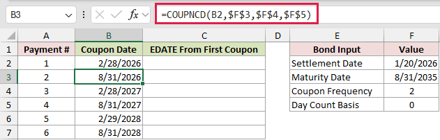 =COUPNCD(B2,$F$3,$F$4,$F$5) in B3