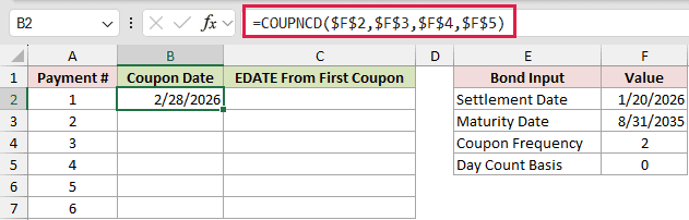 =COUPNCD($F$2,$F$3,$F$4,$F$5) in B2
