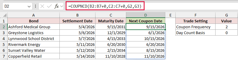=COUPNCD(B2:B7+0,C2:C7+0,G2,G3) in D2