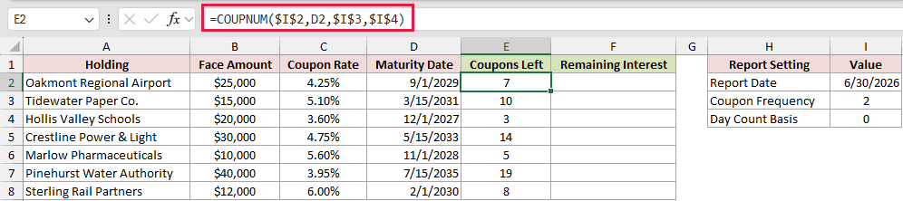 =COUPNUM($I$2,D2,$I$3,$I$4) in E2