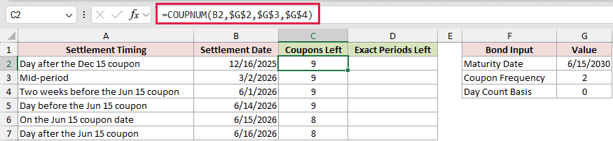 =COUPNUM(B2,$G$2,$G$3,$G$4) in C2