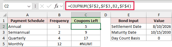 =COUPNUM($F$2,$F$3,B2,$F$4) in C2