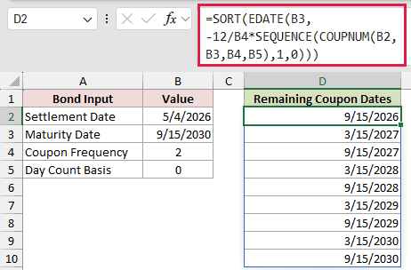 =SORT(EDATE(B3,-12/B4*SEQUENCE(COUPNUM(B2,B3,B4,B5),1,0))) in D2