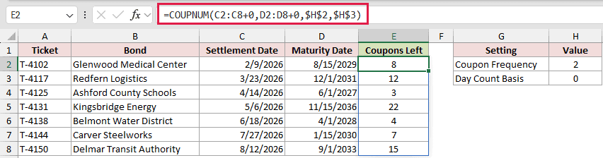=COUPNUM(C2:C8+0,D2:D8+0,$H$2,$H$3) in E2