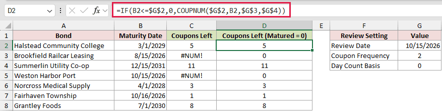 =IF(B2<=$G$2,0,COUPNUM($G$2,B2,$G$3,$G$4)) in D2